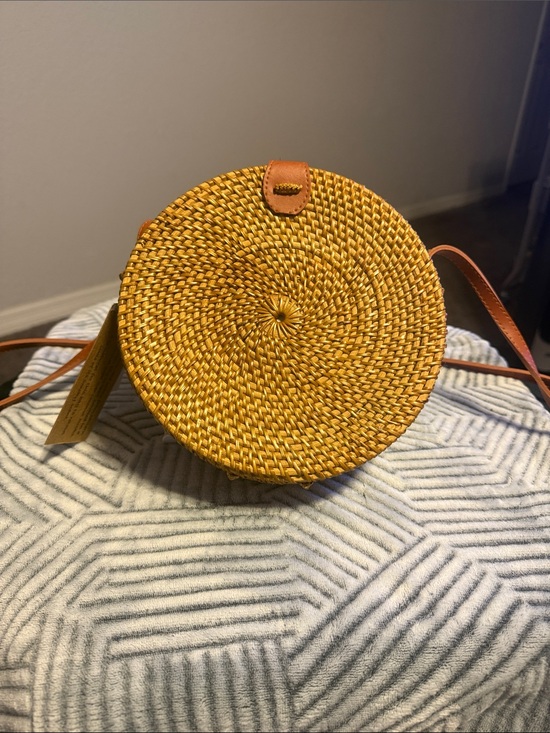 collection eighteen Handbags - Collection XIIX Round Woven Crossbody Bag in Mustard Yellow with Brown Strap